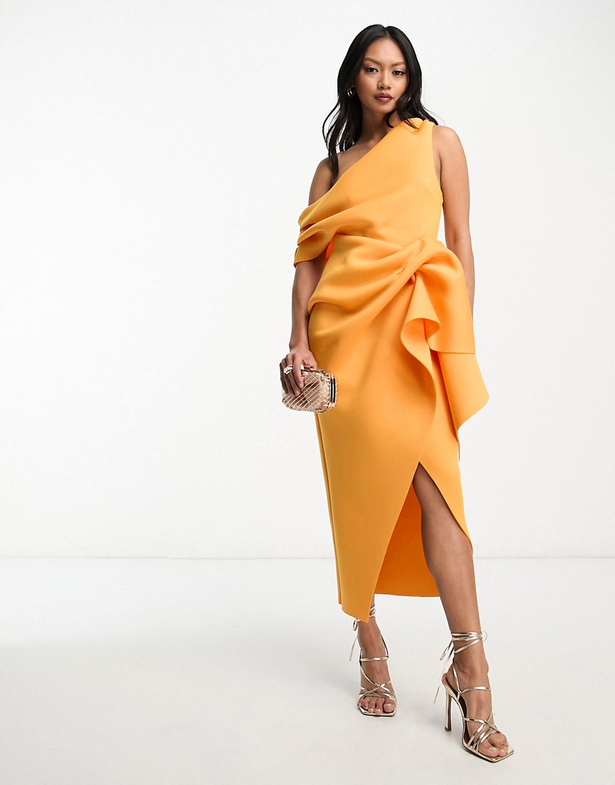 ASOS DESIGN fallen shoulder manipulated tuck bodycon midi dress in marigold-Yellow