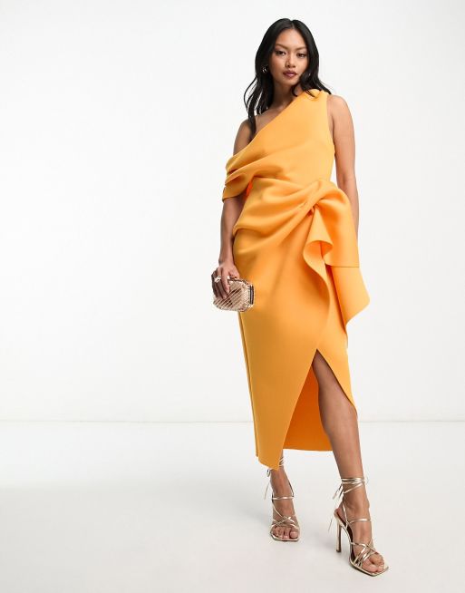 ASOS DESIGN fallen shoulder manipulated tuck bodycon midi dress in marigold