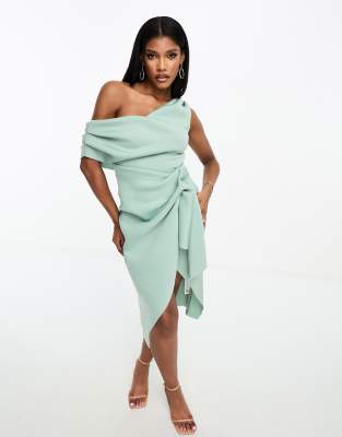 Sage Green Satin Ruched Cup Strappy Midi Dress