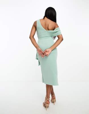 ASOS DESIGN fallen shoulder manipulated tuck midi pencil dress in frosty  sage