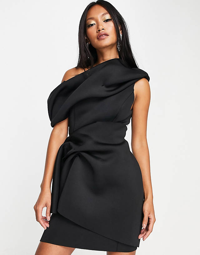 ASOS DESIGN fallen shoulder manipulated tuck mini dress in black