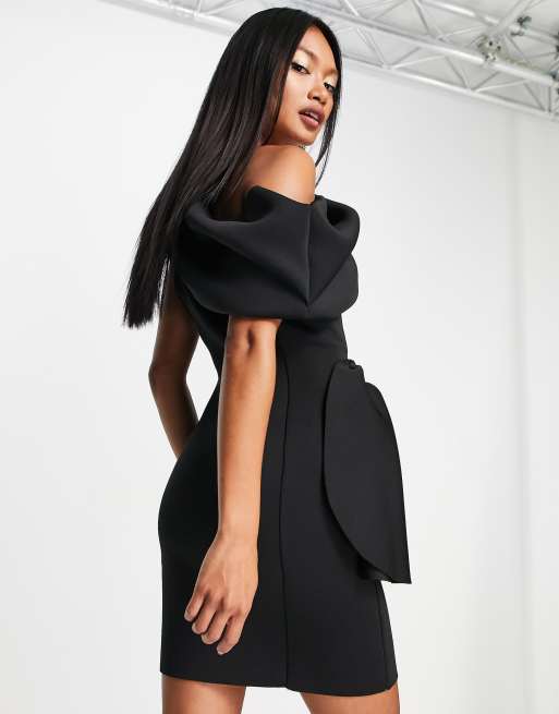 ASOS DESIGN fallen shoulder manipulated tuck mini dress in black ASOS