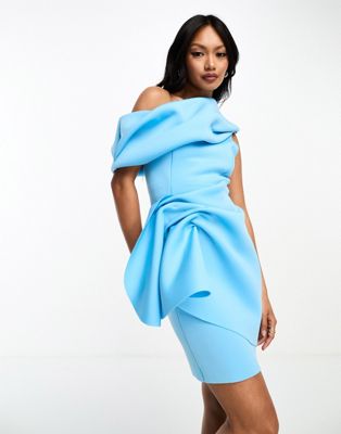 ASOS DESIGN fallen shoulder manipulated tuck mini dress in blue | ASOS
