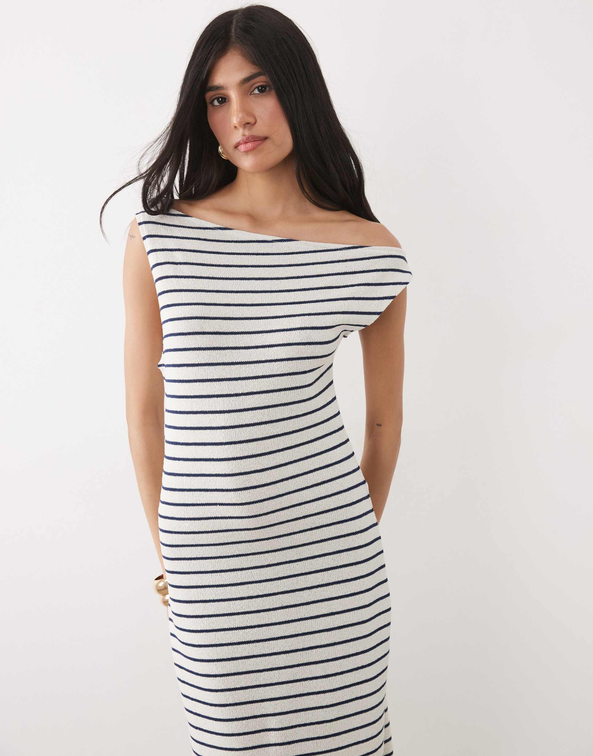 asos design fallen shoulder maxi dress in stripe