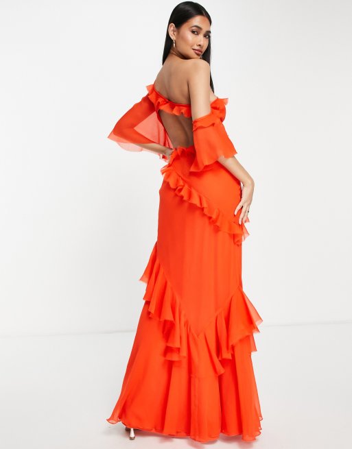 ASOS DESIGN fallen shoulder maxi dress with bias ruffle detail in