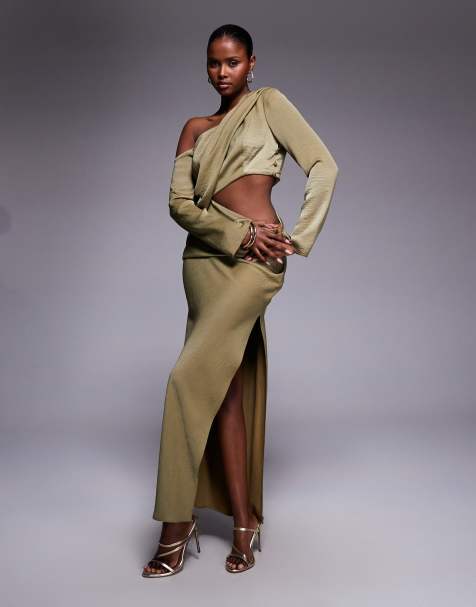 ASOS DESIGN fallen shoulder maxi dress with cutout waist in khaki - view 1