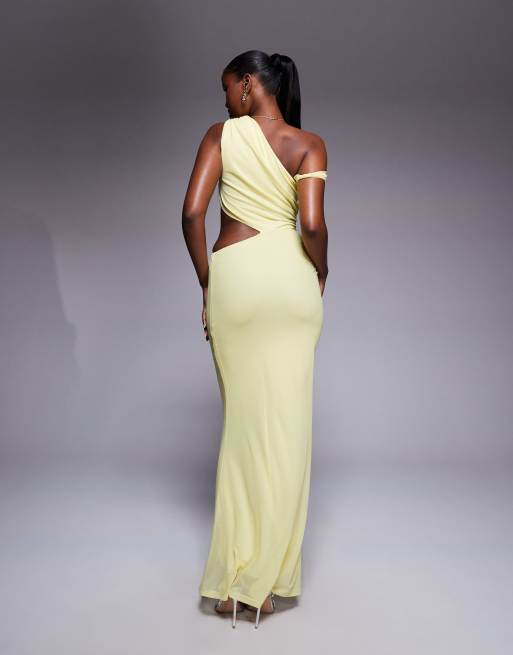 ASOS DESIGN fallen shoulder with ruching and cut-out detail maxi dress in yellow