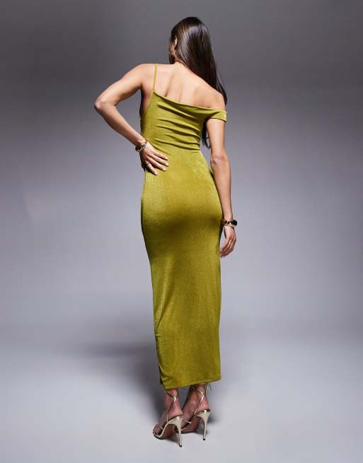 ASOS DESIGN fallen shoulder midi dress with ruching in green
