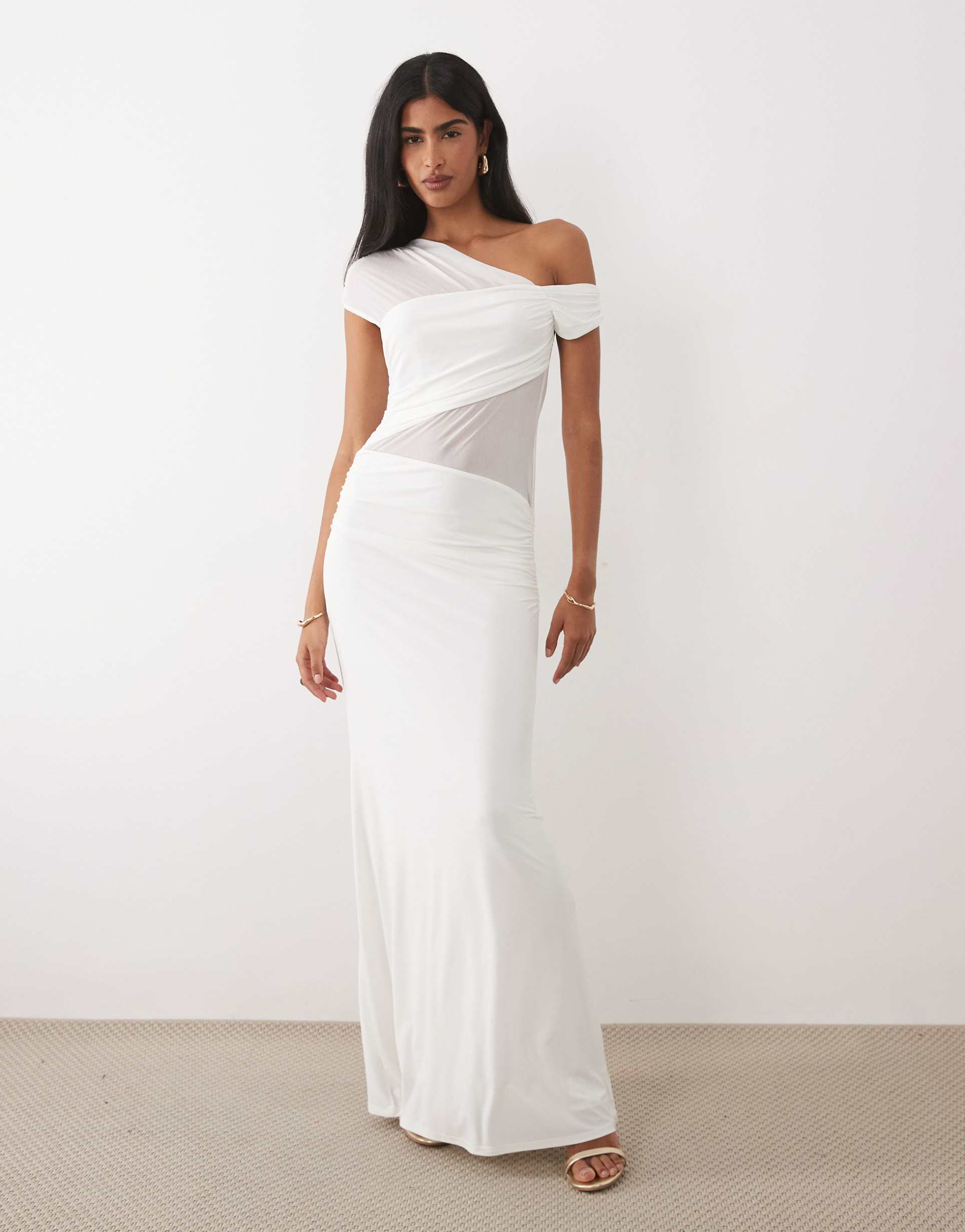 asos design fallen shoulder mesh sheer panel maxi dress in white