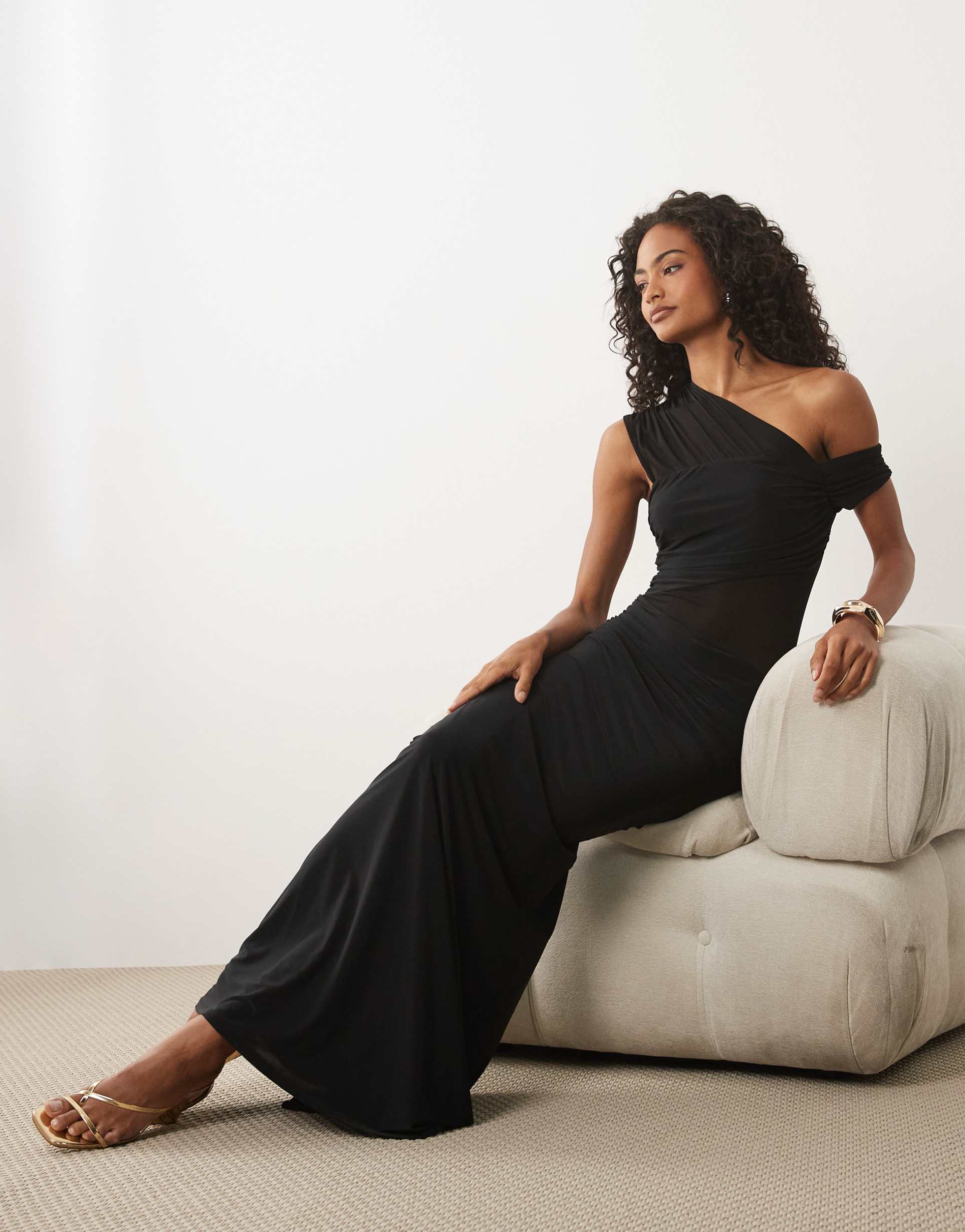 asos design fallen shoulder mesh sheer paneled maxi dress in black