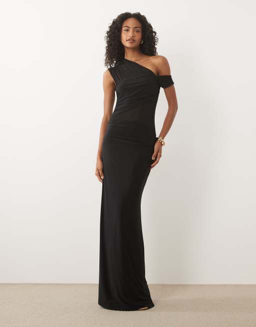 ASOS DESIGN fallen shoulder mesh sheer panelled maxi dress in black, 2 of 4