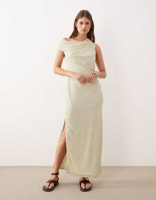 ASOS DESIGN fallen shoulder midaxi dress  in cream polka dot, 2 of 4