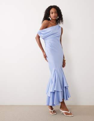 Asos Design Fallen Shoulder Midaxi Dress With Asymmetric Godet Hem In Blue