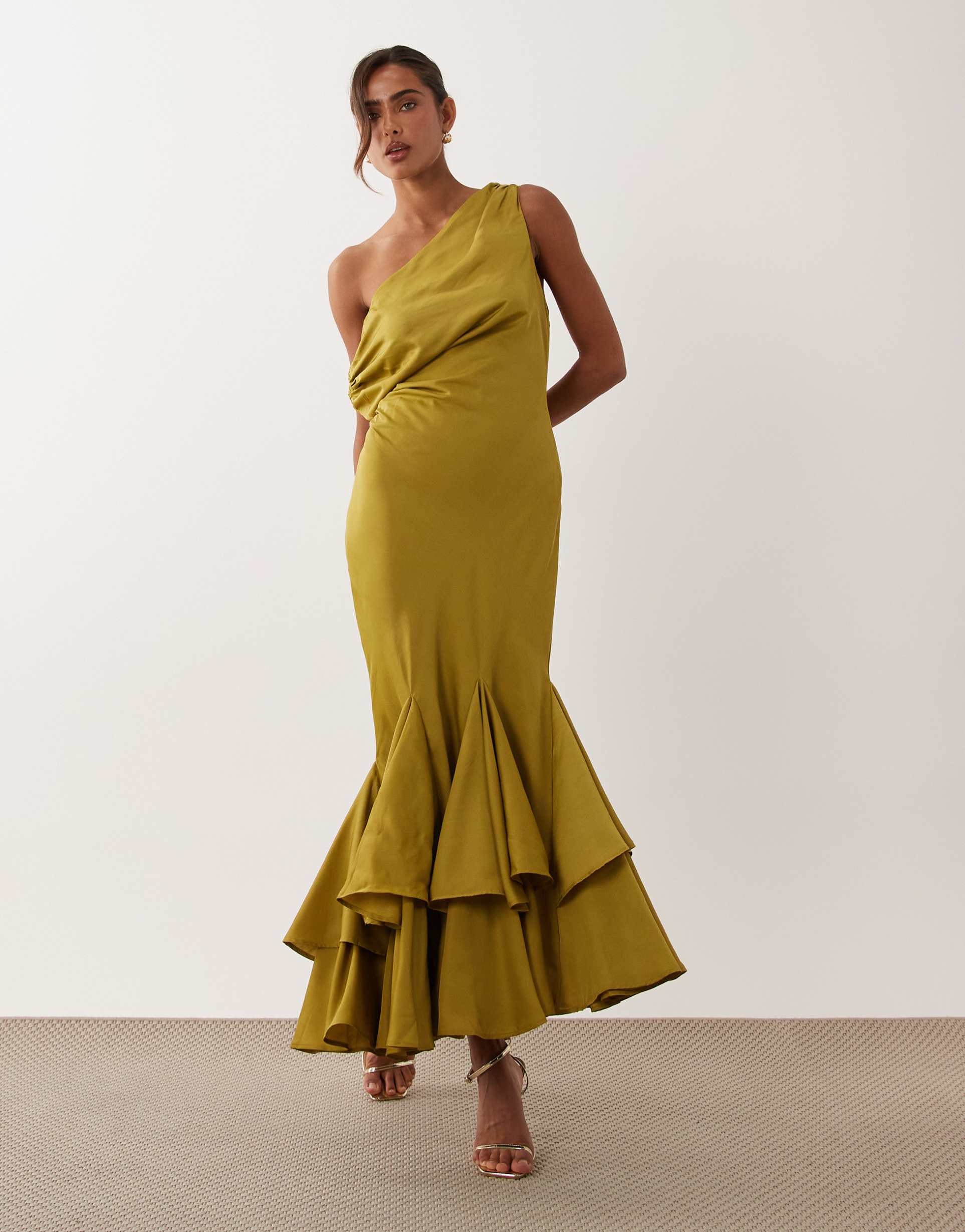 asos design fallen shoulder midaxi dress with asymmetric godet hem in olive