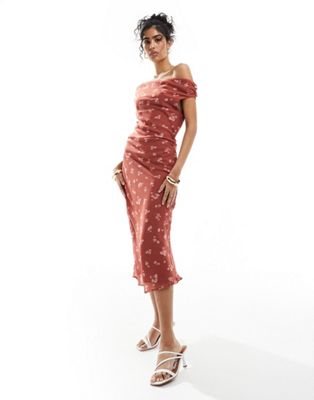 ASOS DESIGN fallen shoulder midi dress in raspberry floral print