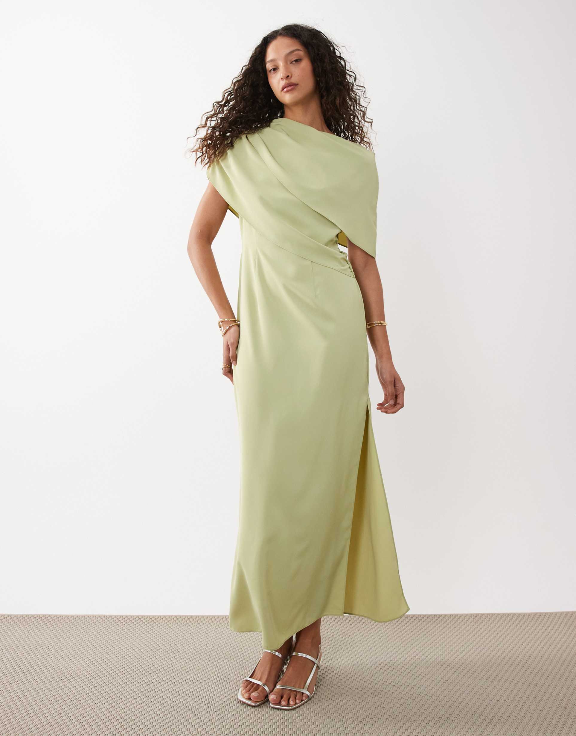 asos design fallen shoulder midi dress in sage
