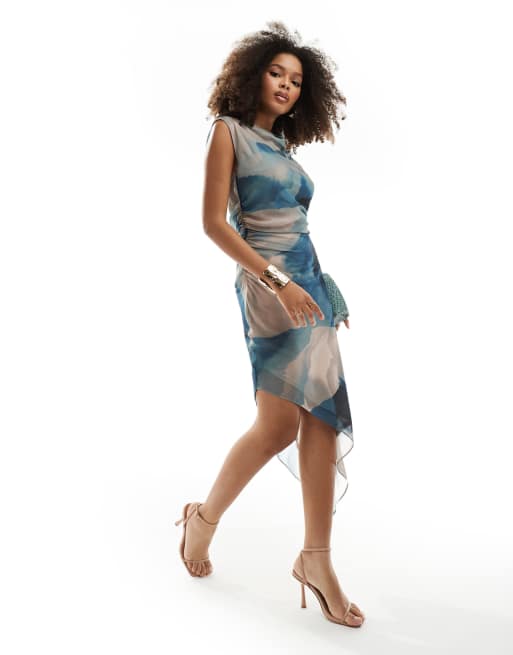 ASOS DESIGN fallen shoulder midi dress with asymmetric hem in landscape print