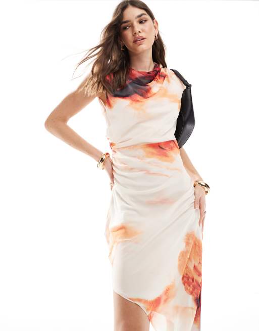 ASOS DESIGN fallen shoulder midi dress with asymmetric hem in red print