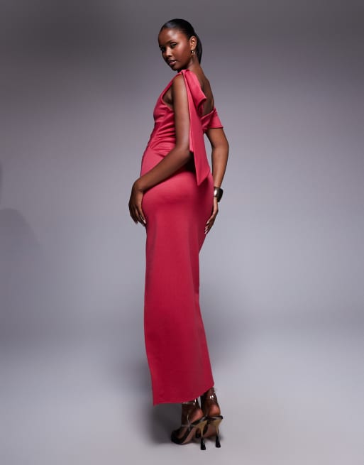 ASOS DESIGN fallen shoulder midi dress with drape detail in red, 4 of 4