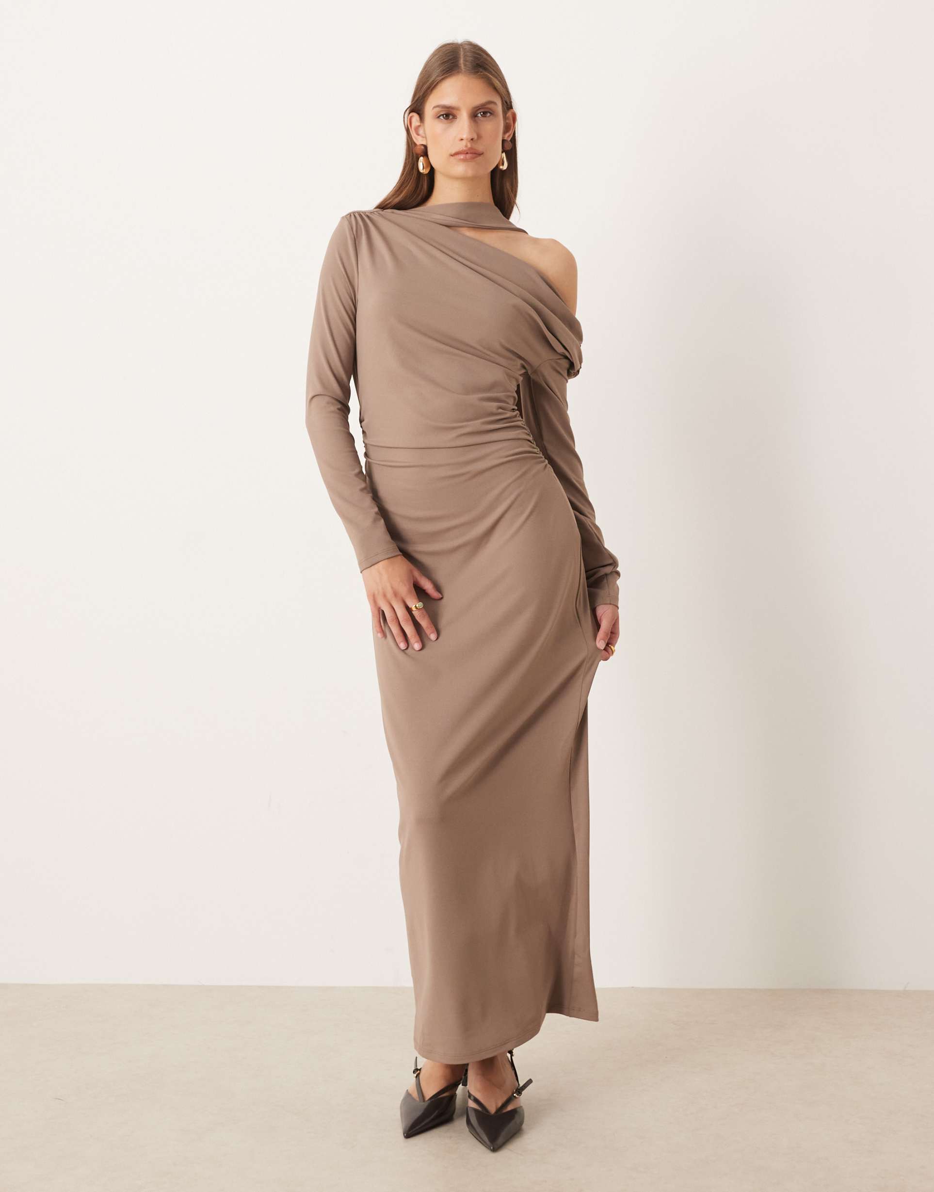asos design fallen shoulder midi dress with neck tie in camel