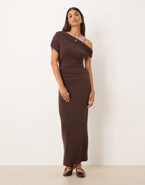 ASOS DESIGN fallen shoulder midi dress with racer neck under layer in chocolate and pink - view 1
