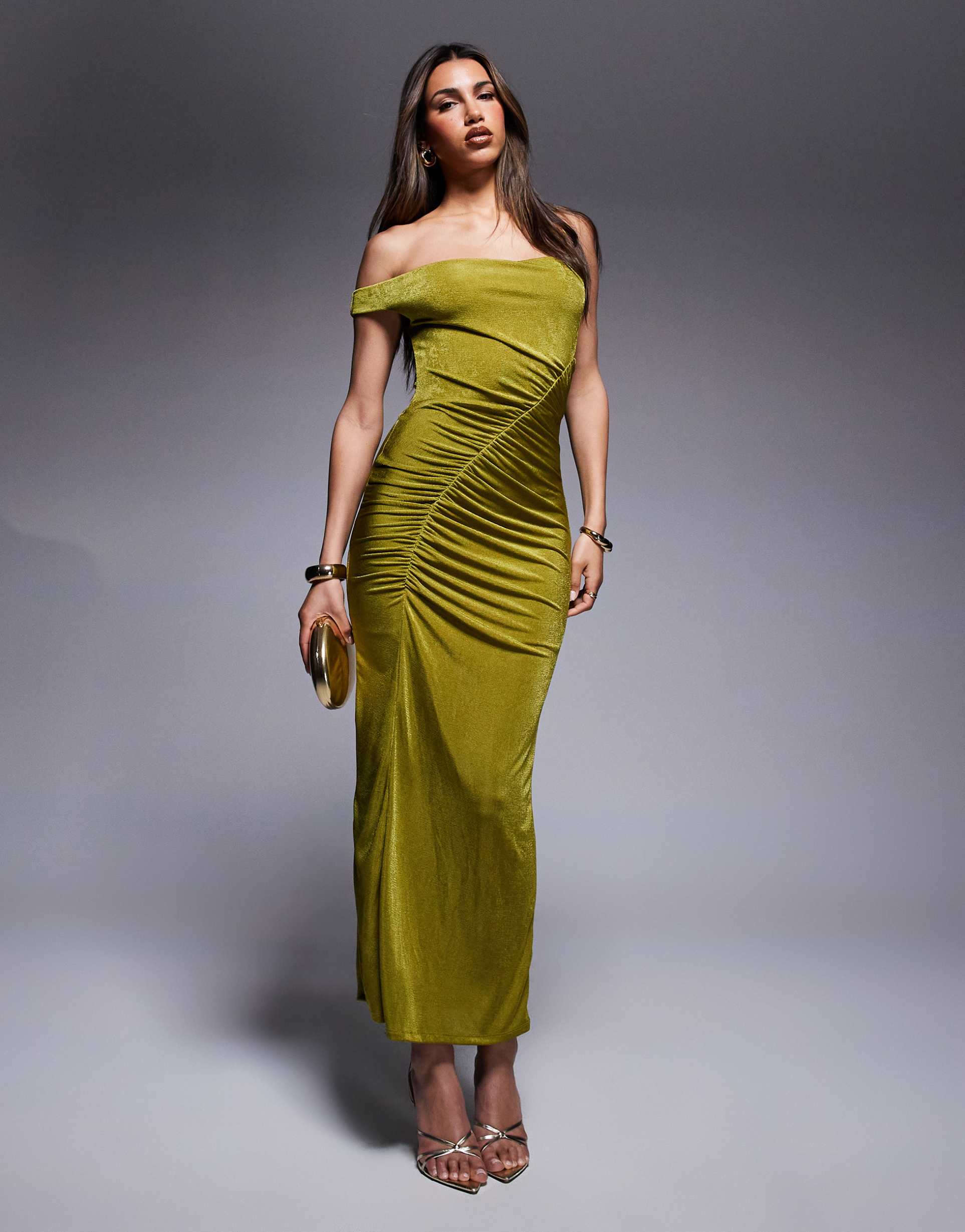 asos design fallen shoulder midi dress with ruching in green