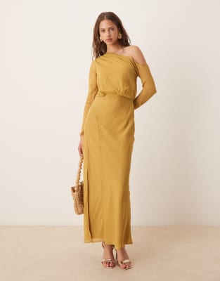 Asos Design Fallen Shoulder Midi Dress With Seaming Details In Yellow