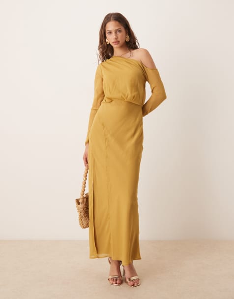 ASOS DESIGN fallen shoulder midi dress with seaming details in mustard gold - view 1