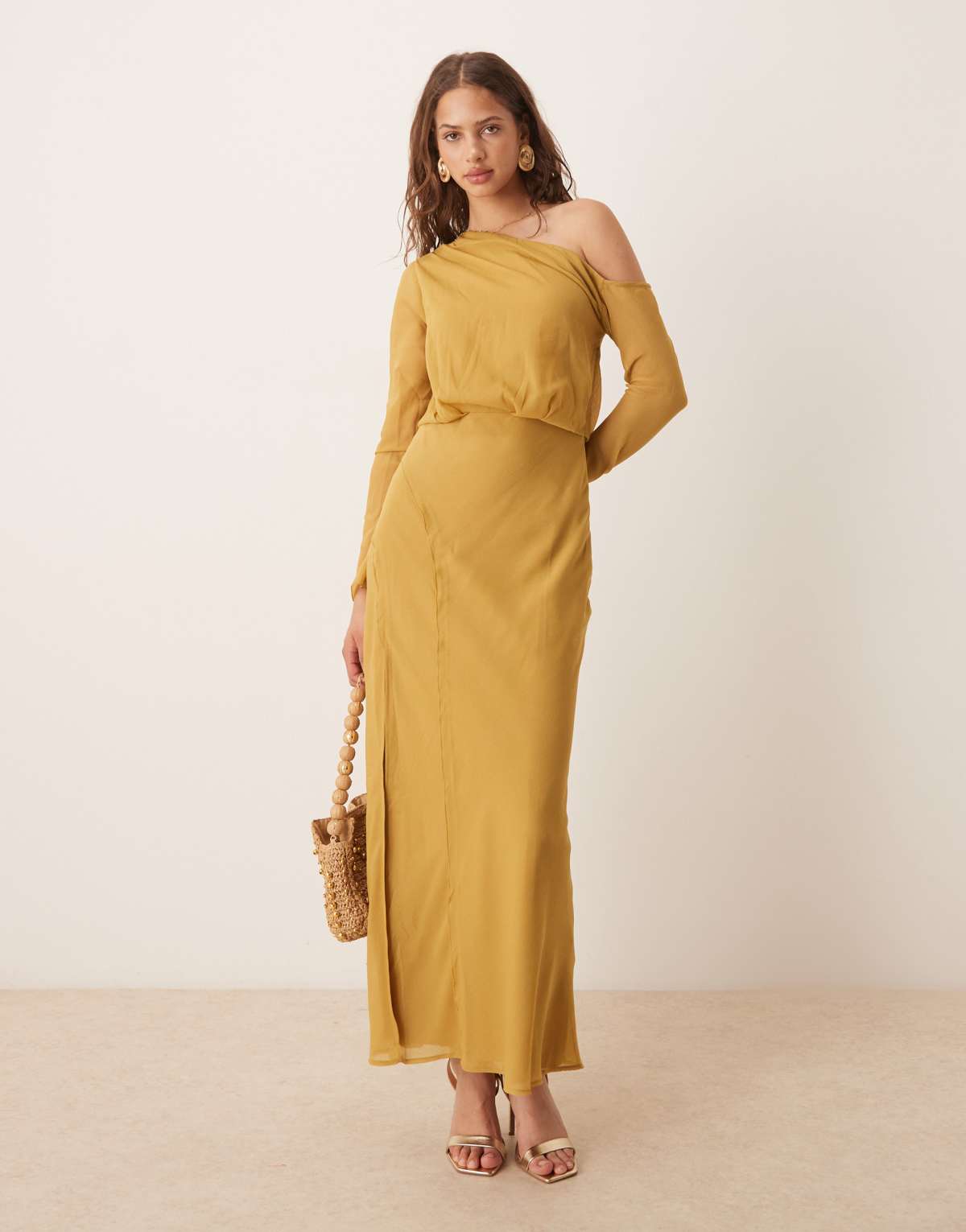 ASOS DESIGN fallen shoulder midi dress with seaming details in mustard gold