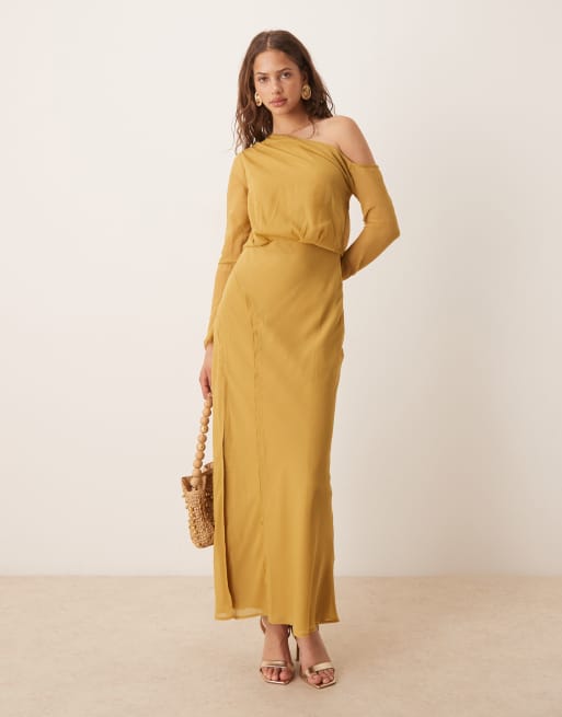 ASOS DESIGN fallen shoulder midi dress with seaming details in mustard gold