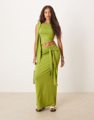 ASOS DESIGN fallen shoulder midi dress with tie detail in khaki green - view 1