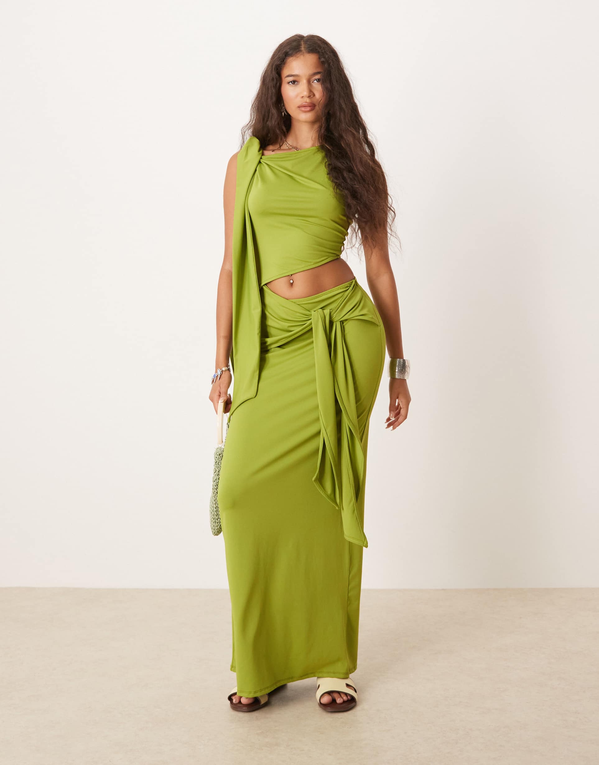 asos design fallen shoulder midi dress with tie detail in khaki green