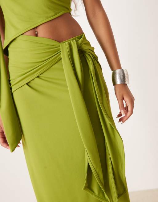 ASOS DESIGN fallen shoulder midi dress with tie detail in khaki green