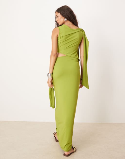 ASOS DESIGN fallen shoulder midi dress with tie detail in khaki green