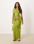 [ASOS DESIGN] ASOS DESIGN fallen shoulder midi dress with tie detail in khaki-Green M KHAKI