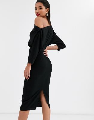 asos design fallen shoulder midi pencil dress