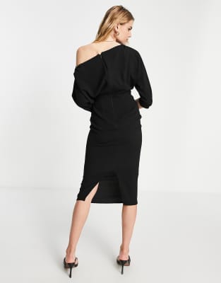 asos design fallen shoulder midi pencil dress ASOS DESIGN fallen shoulder midi pencil dress in black