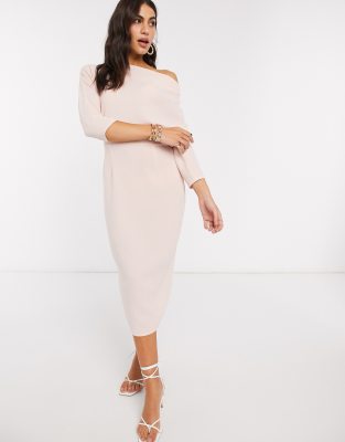 asos fallen shoulder midi pencil dress