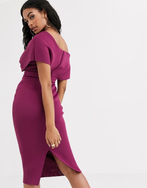 ASOS DESIGN fallen shoulder midi pencil dress with tie detail in purple