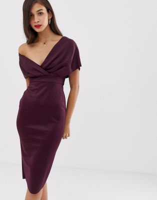 asos design fallen shoulder midi pencil dress