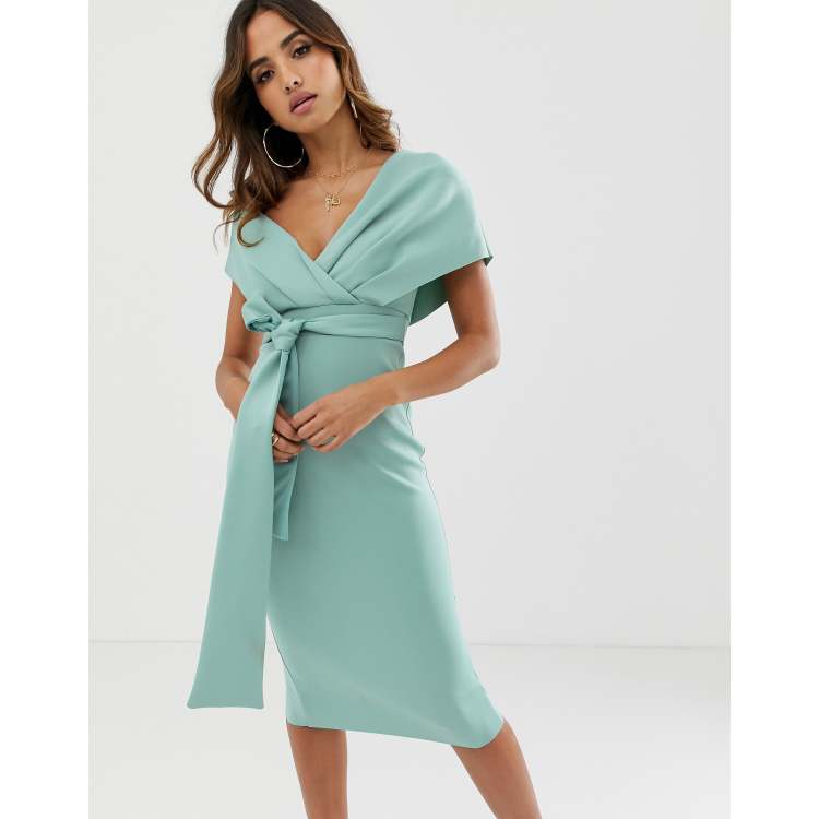 ASOS DESIGN fallen shoulder midi pencil dress with tie detail | ASOS