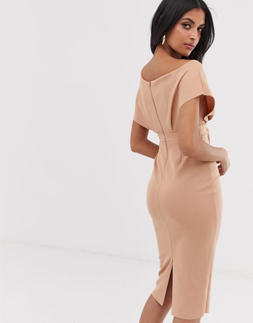 Asos design fallen shoulder midi hot sale pencil dress with tie detail