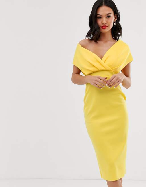 ASOS DESIGN fallen shoulder midi pencil dress with tie detail | ASOS