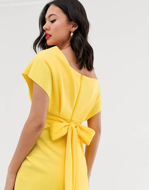 Asos design fallen shoulder midi pencil best sale dress with tie detail