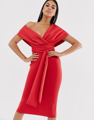 ASOS DESIGN fallen shoulder midi pencil dress with tie detail-Red