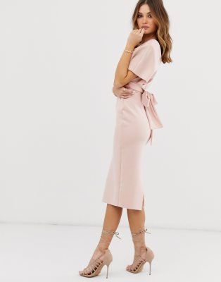 Asos design fallen shoulder midi pencil best sale dress with tie detail