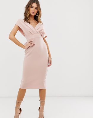 asos design fallen shoulder midi pencil dress with tie detail