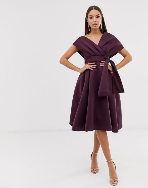 ASOS DESIGN fallen shoulder midi prom dress with tie detail in aubergine