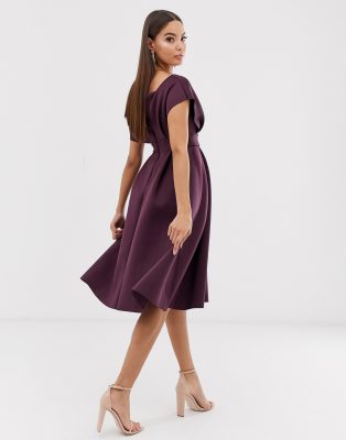 ASOS DESIGN fallen shoulder midi prom dress with tie detail in aubergine ASOS