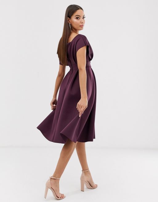 ASOS DESIGN fallen shoulder midi prom dress with tie detail in aubergine